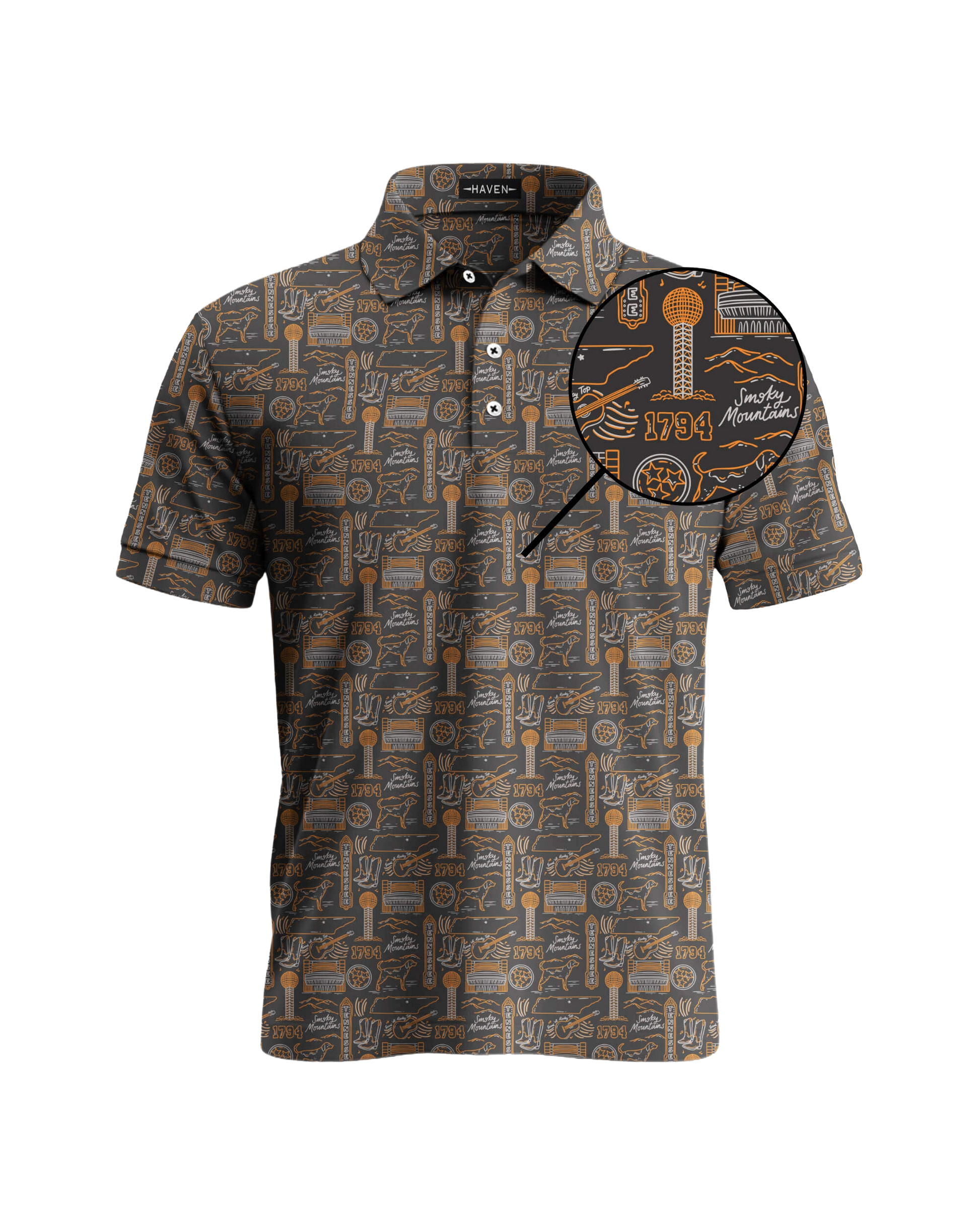Tennessee football polo shirt by Haven Golf featuring Smokey Knoxville design with game day motifs and collegiate spirit.