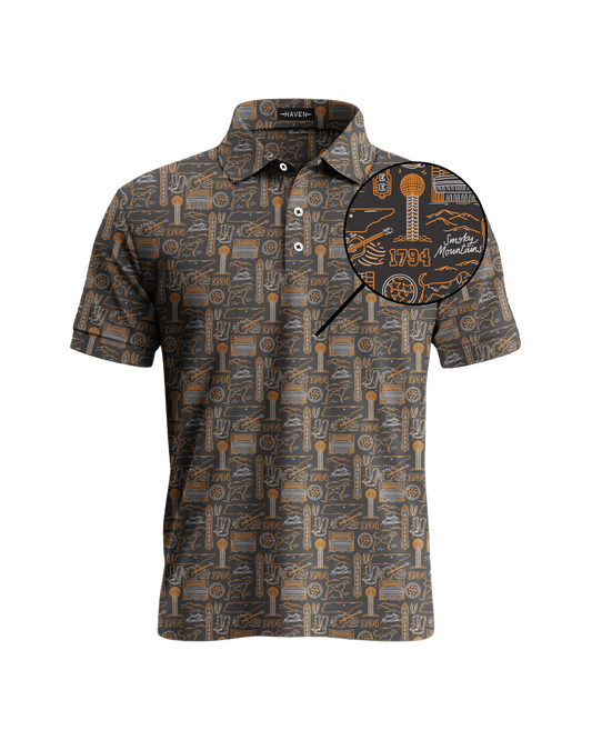 Tennessee football polo shirt by Haven Golf featuring Smokey Knoxville design with game day motifs and collegiate spirit.