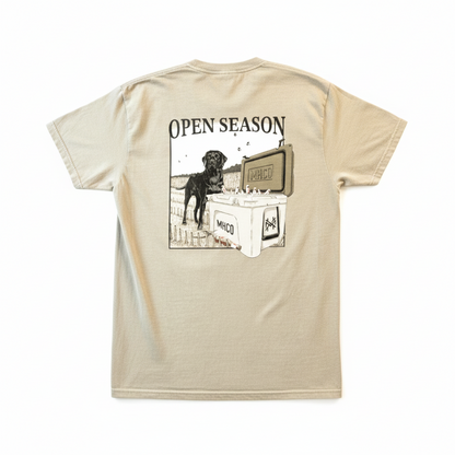 Open Season T Shirt featuring outdoor graphic with working-dog and gear illustration, perfect for hunting enthusiasts.