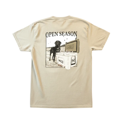 Open Season T Shirt with outdoor graphic featuring a working-dog motif and hunting gear elements.