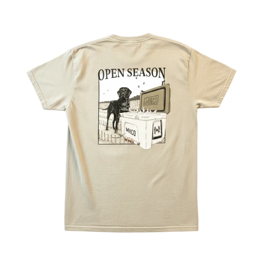 Open Season T Shirt with outdoor graphic featuring a working-dog motif and hunting gear elements.