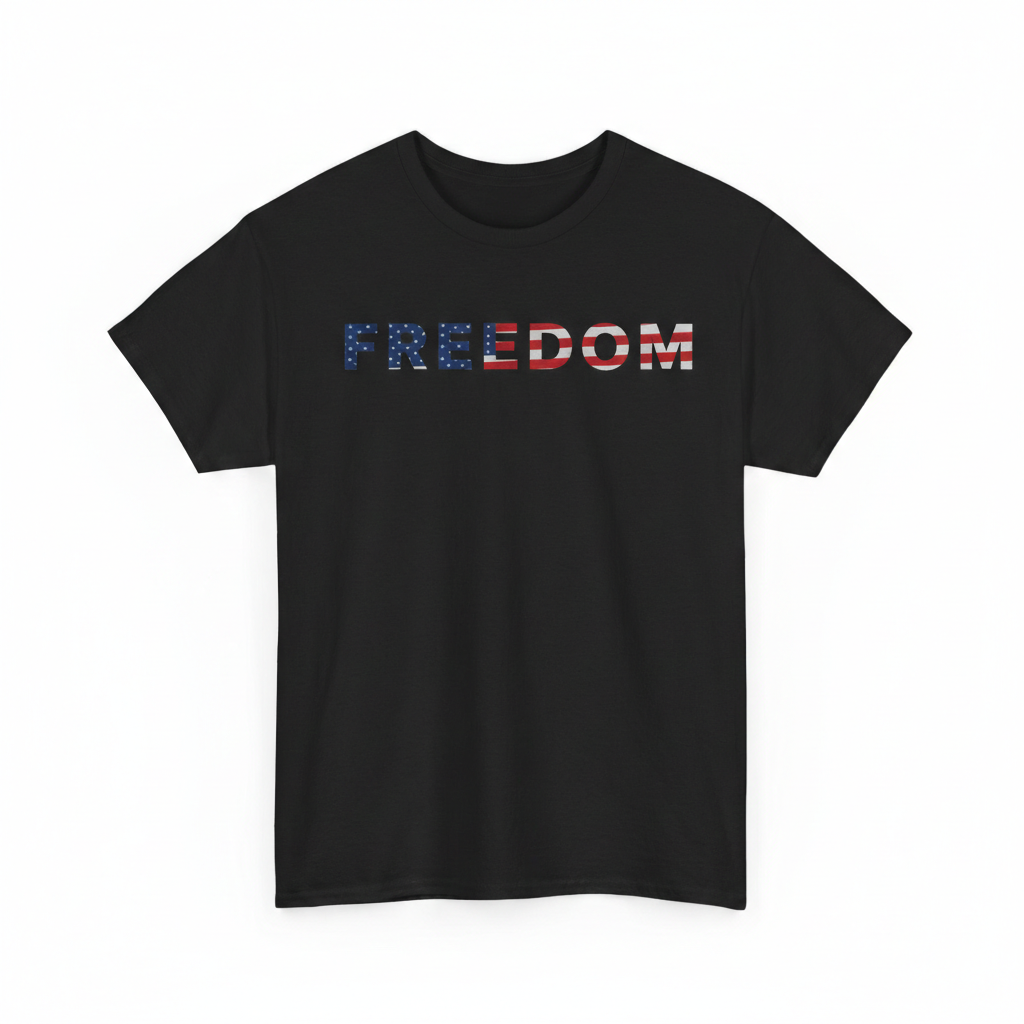 Freedom 250 USA Anniversary Tee with 'Freedom' in American flag design, celebrating 250 years of independence.