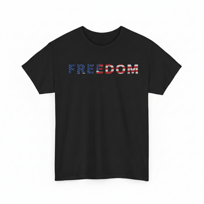 Freedom 250 USA Anniversary Tee with 'Freedom' in American flag design, celebrating 250 years of independence.