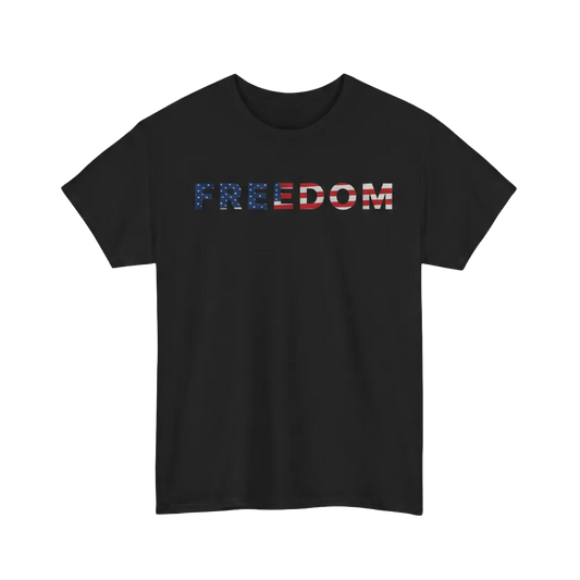 Freedom 250 USA Anniversary Tee with USA flag-themed 'Freedom' text design on a black shirt.