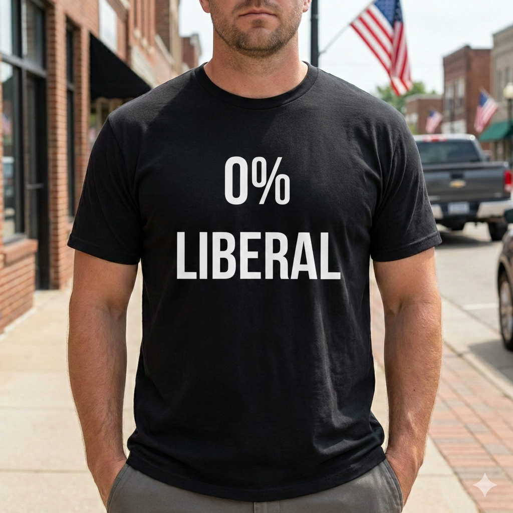 Man wearing Zero Percent Liberal T-Shirt with bold conservative graphic standing on a street with American flags in the background