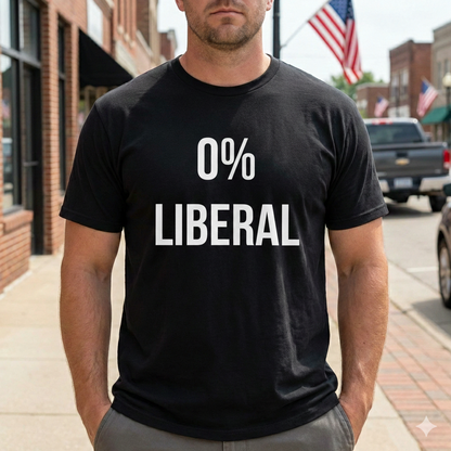 Man wearing Zero Percent Liberal T-Shirt with bold conservative graphic standing on a street with American flags in the background