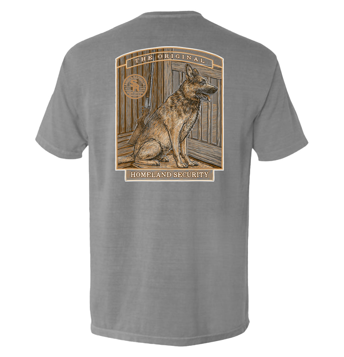 The Original Homeland Security Dog T-Shirt featuring a vintage-style illustration of a loyal guard dog on a gray background.