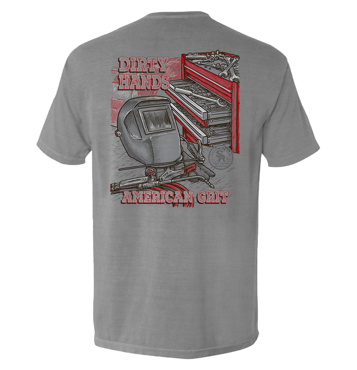Gray Dirty Hands American Grit Blue Collar Pocket Tee with shop tools graphic on the back