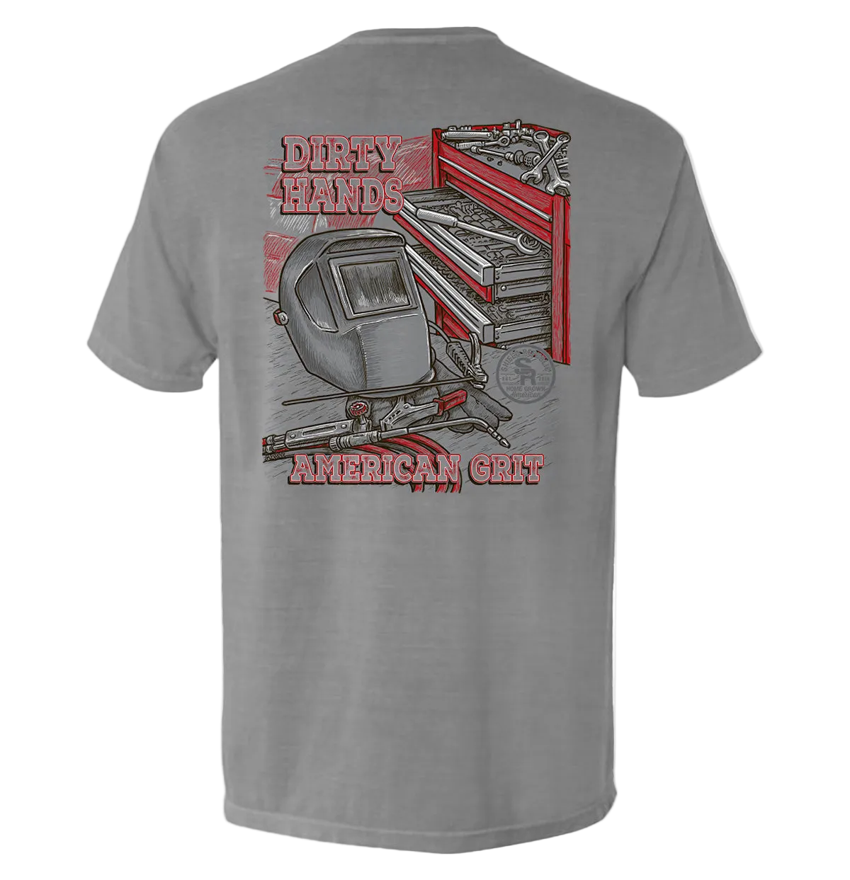 Back view of Dirty Hands American Grit Blue Collar Pocket Tee with graphic of shop tools and equipment.