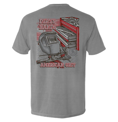 Back view of Dirty Hands American Grit Blue Collar Pocket Tee with graphic of shop tools and equipment.