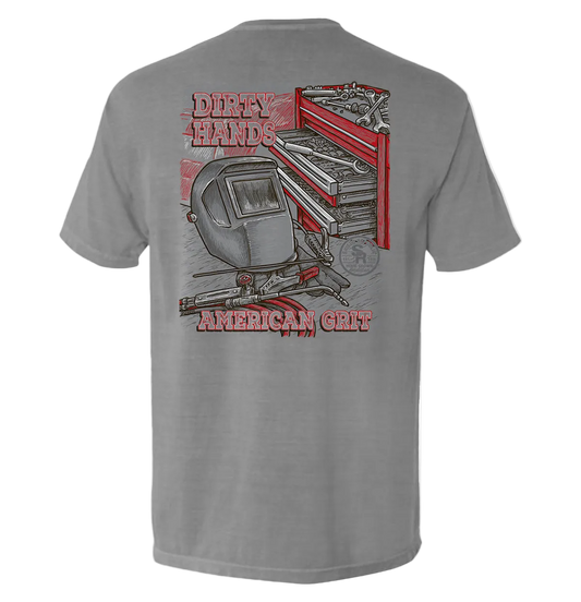 Back view of Dirty Hands American Grit Blue Collar Pocket Tee with graphic of shop tools and equipment.