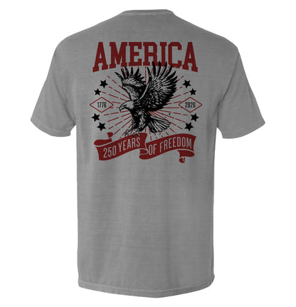 Gray America 250 Years of Freedom Shirt with eagle design, celebrating 1776-2026 anniversary.