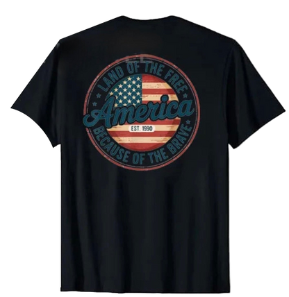 Black t-shirt with American flag and text design on a white background