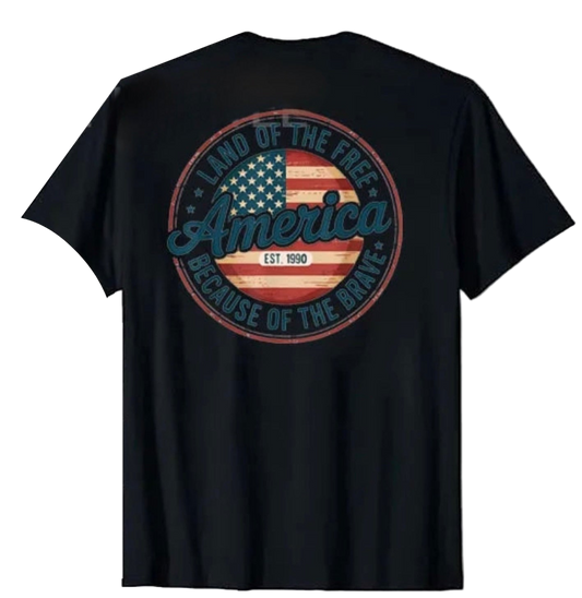 Black t-shirt with American flag and text design on a white background