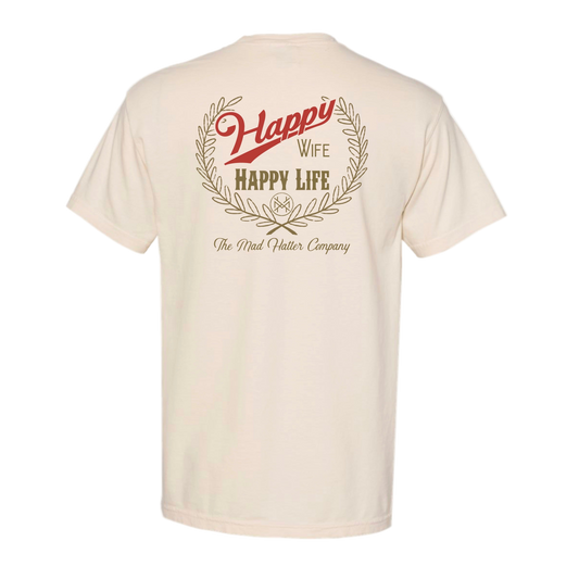 Beige t-shirt with 'Happy Wife Happy Life' text and logo on a white background