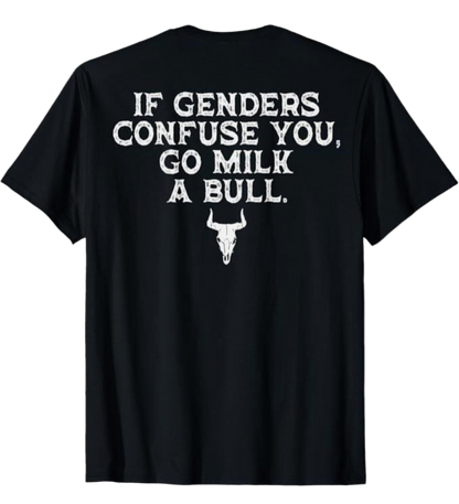 Black t-shirt with white text and bull skull design on a white background