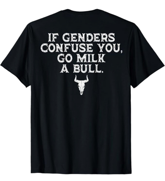 Black t-shirt with white text and bull skull design on a white background