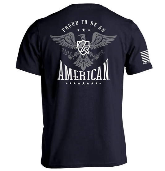 Black t-shirt with 'Proud to be an American' text and eagle design on a white background