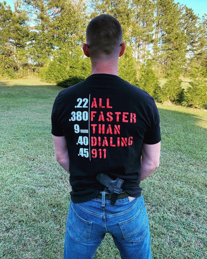 man with shirt text all faster than dialing 911