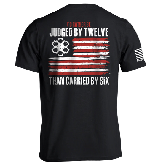 Black t-shirt with American flag design and text on a white background
