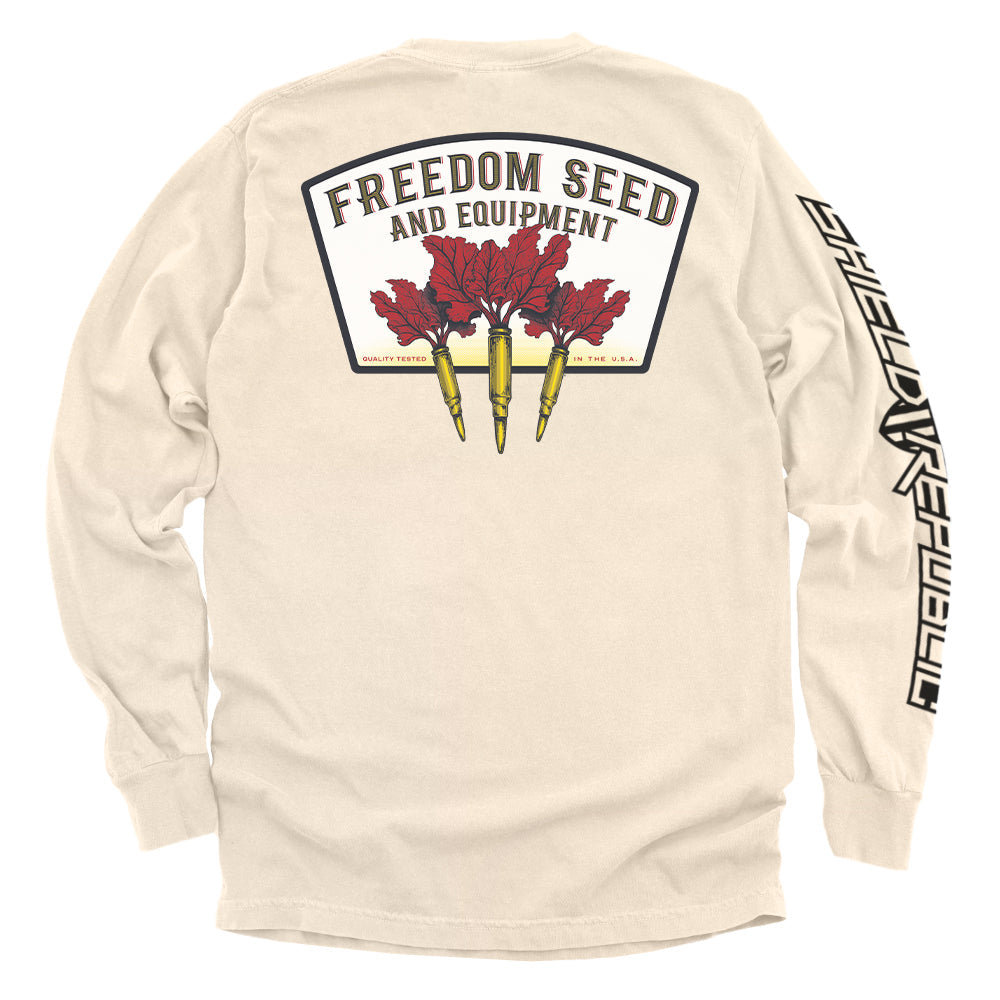 Freedom Seed and Equipment T-Shirt with vintage-style patriotic graphic on the back, showcasing American independence and heritage.