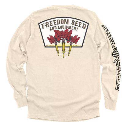 Freedom Seed and Equipment T-Shirt with vintage-style patriotic graphic on the back, showcasing American independence and heritage.