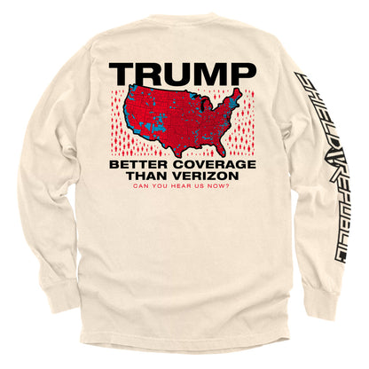 Trump Better Coverage Than Verizon T-Shirt featuring a bold map design with humorous political statement for casual wear.