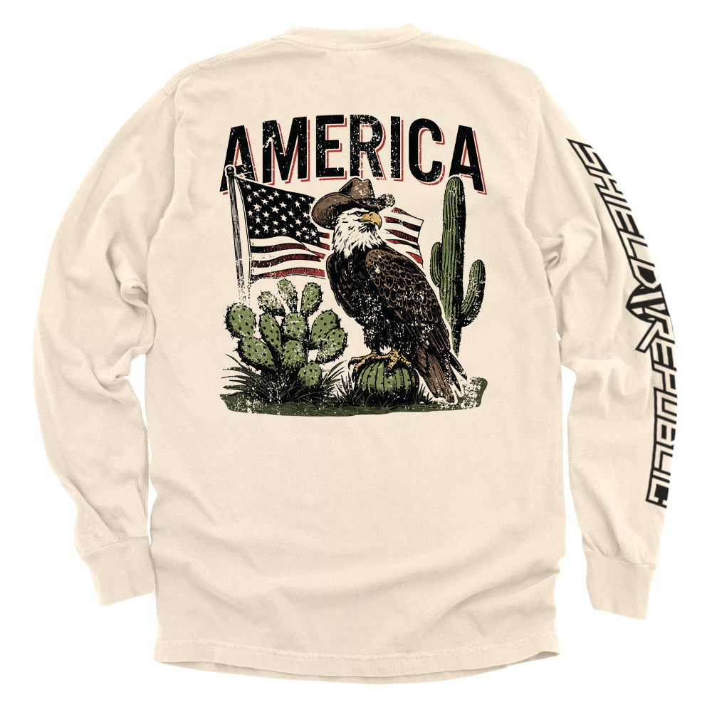 America Eagle Western T-Shirt featuring patriotic eagle and cactus design with American flag.