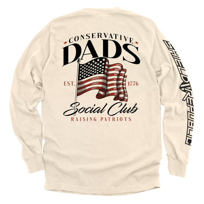 Conservative Dads Social Club T-Shirt with American flag design on back, patriotic apparel.