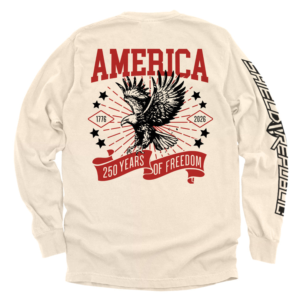 America 250 Years of Freedom Shirt with eagle design, celebrating 1776–2026 anniversary in bold red and black print, long sleeve style.