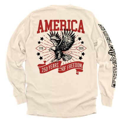 America 250 Years of Freedom Shirt with eagle design, celebrating 1776–2026 anniversary in bold red and black print, long sleeve style.