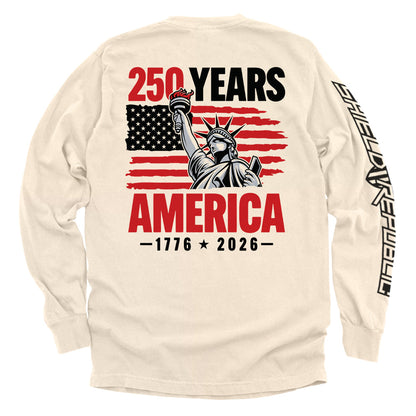 250 Years Statue of Liberty Shirt featuring USA flag and Statue of Liberty, commemorating 1776-2026 America 250 anniversary