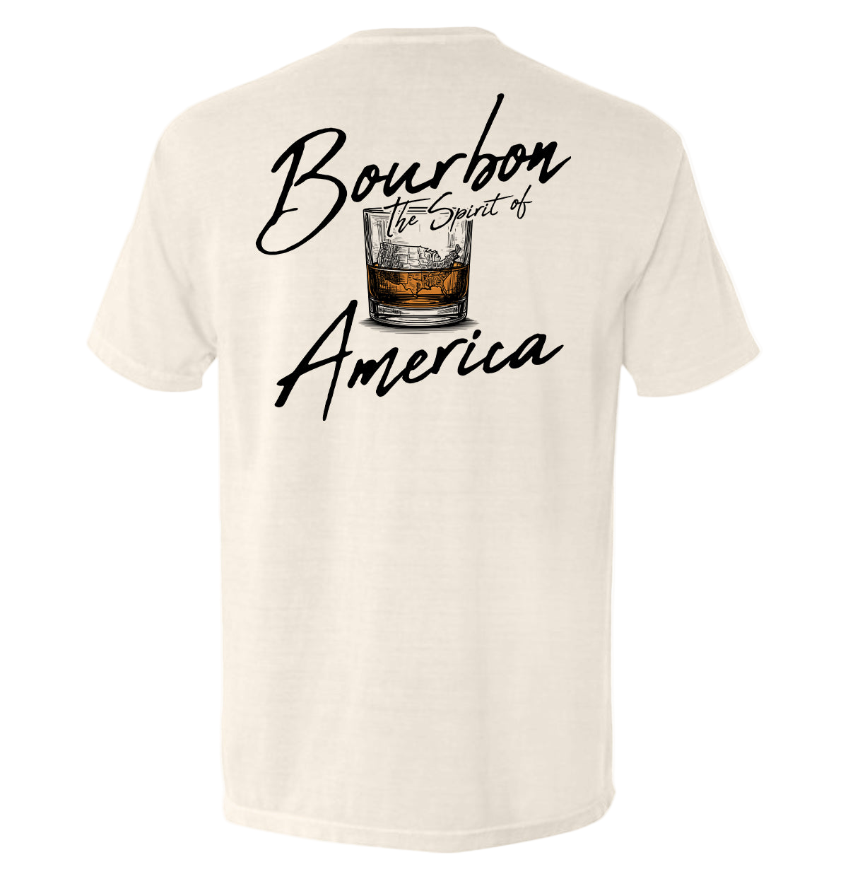 Beige t-shirt with 'Bourbon the Spirit of America' text and whiskey glass graphic on a white background