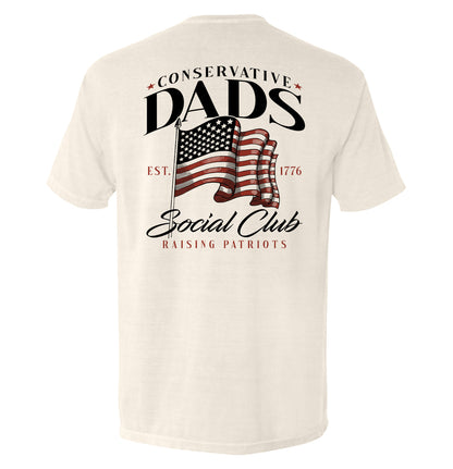Conservative Dads Social Club T-Shirt with patriotic design featuring American flag, ideal for patriotic dads who value freedom and liberty.