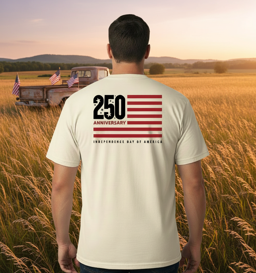 Back view of America 250 Years Anniversary Flag Shirt worn in a field, showcasing modern flag and 250 Anniversary text design.