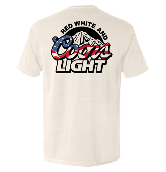 Beige t-shirt with Coors Light logo featuring American flag colors on a white background