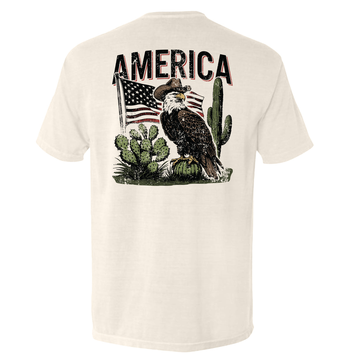 America Eagle Western T-Shirt with eagle, flag, and cactus design on back showcasing patriotic and western themes.