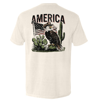 America Eagle Western T-Shirt with eagle, flag, and cactus design on back showcasing patriotic and western themes.