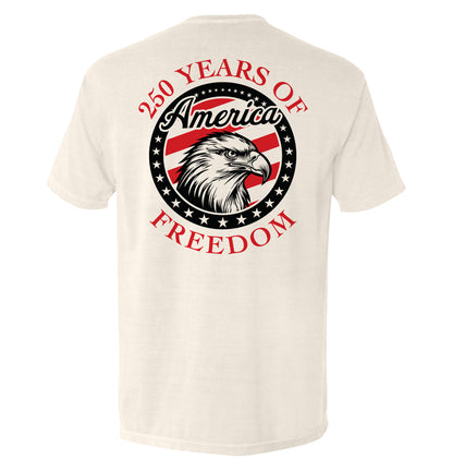 250 Years Of Freedom Eagle Shirt featuring bold eagle design celebrating 1776-2026 anniversary, symbolizing American patriotism and strength.