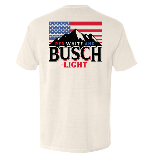 Beige t-shirt with American flag and 'Red White and Busch Light' text on a white background