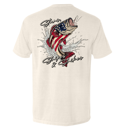 Beige t-shirt with a graphic of a fish with an American flag design on the back, on a white background.