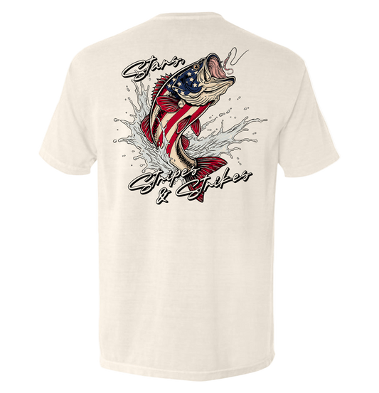 Beige t-shirt with a graphic of a fish with an American flag design on the back, on a white background.
