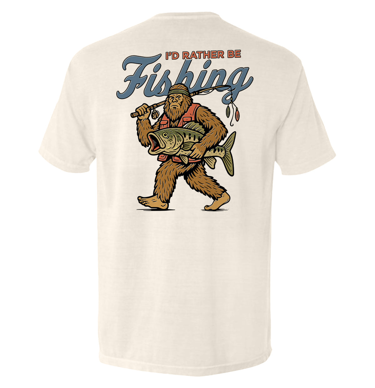 I’d Rather Be Fishing Bigfoot Shirt featuring Bigfoot with fishing rod and catch, funny fishing graphic tee for Anglers