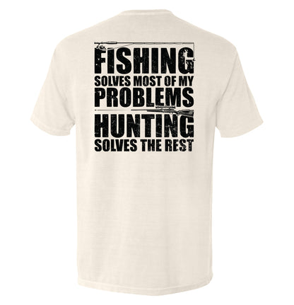 Fishing Solves Most Of My Problems Shirt with distressed block lettering and hunting imagery.