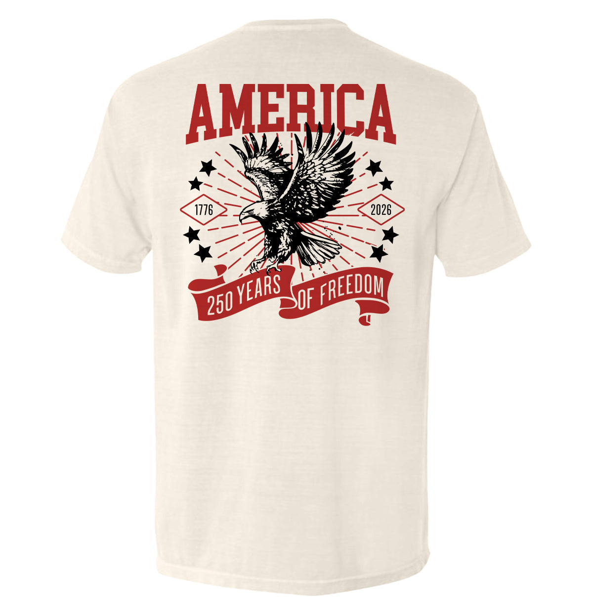 Back of America 250 Years of Freedom Shirt featuring eagle design, 1776–2026 anniversary graphic.