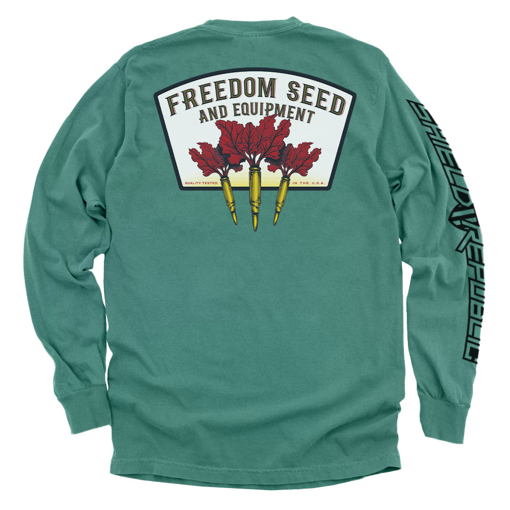 Freedom Seed and Equipment T-Shirt featuring patriotic graphic with vintage-inspired design and symbolism of American heritage.
