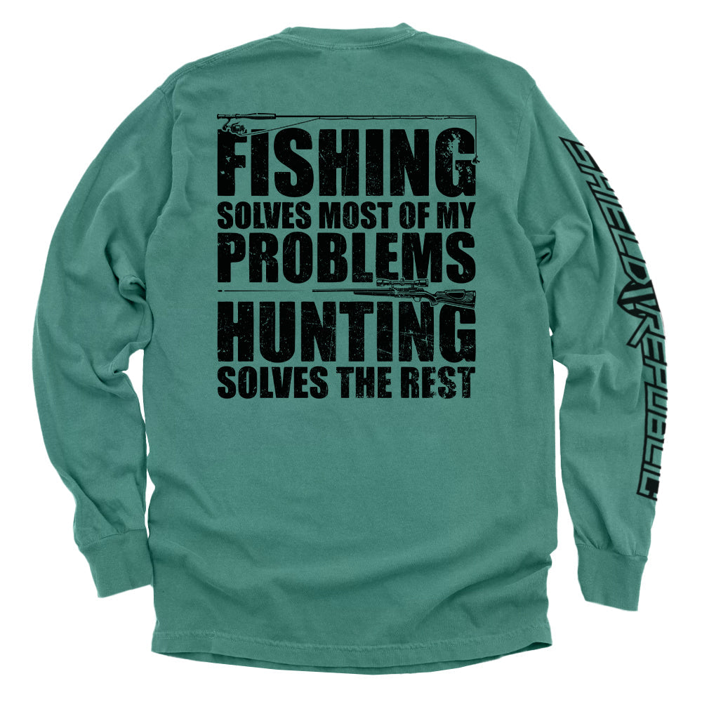 Fishing Solves Most Of My Problems Shirt with distressed lettering and hunting imagery on a green backdrop designed for outdoor enthusiasts.