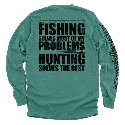 Fishing Solves Most Of My Problems Shirt with distressed lettering and hunting imagery on a green backdrop designed for outdoor enthusiasts.