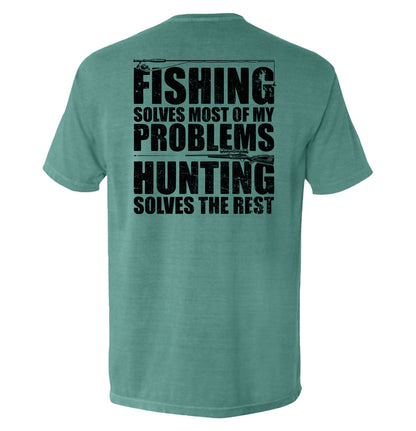 Fishing Solves Most Of My Problems Shirt with distressed block lettering for anglers and hunters