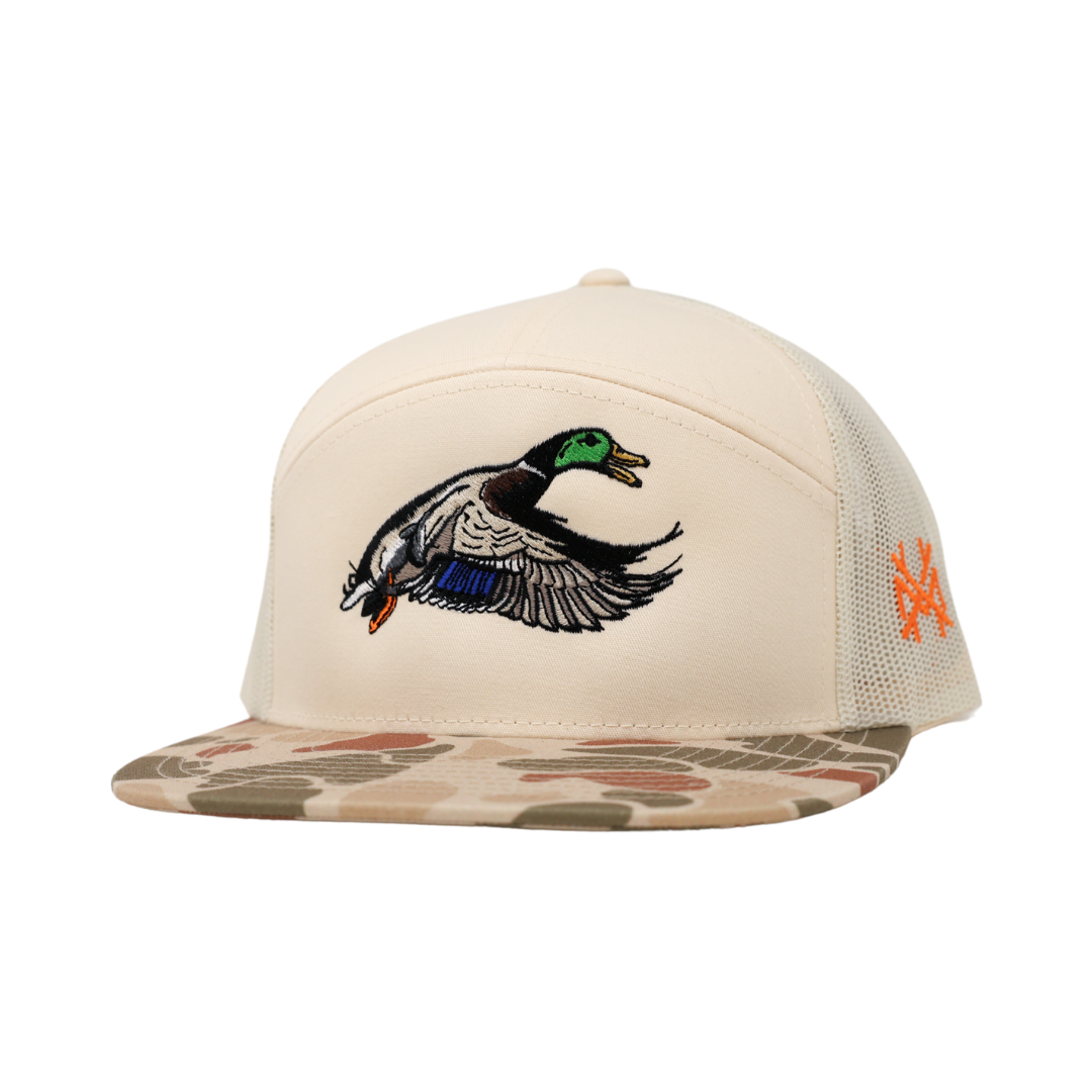 Mallard duck hat featuring a classic waterfowl design on a hunting trucker style cap, ideal for outdoor enthusiasts.